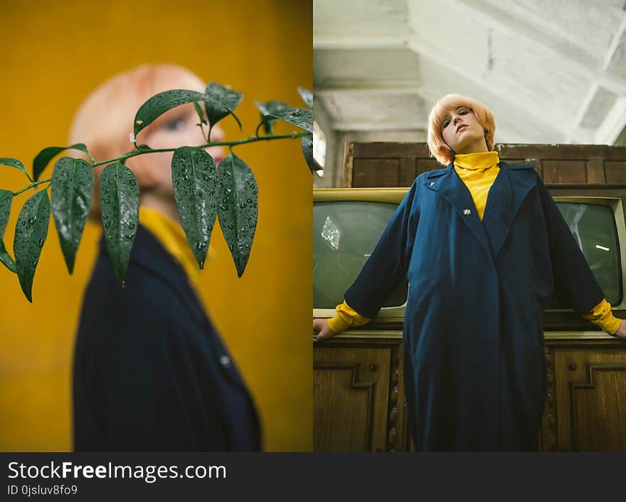 Woman Wearing Blue Coat and Yellow Sweatshirt Leaning on Brown Wooden Storage