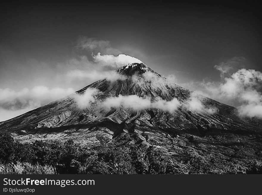 Grayscale Photo of Volcano