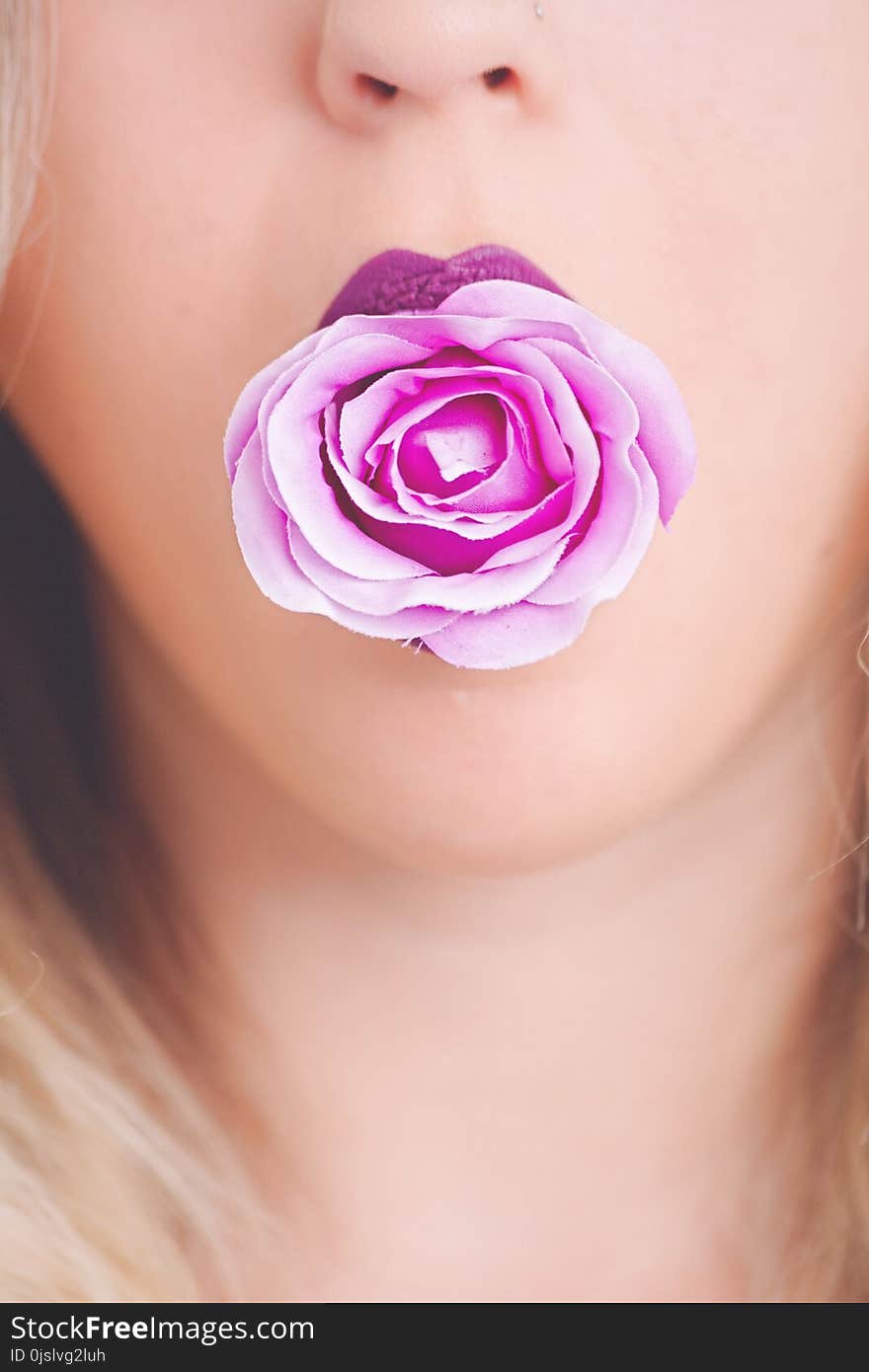 Woman with Pink Flower in the Mouth