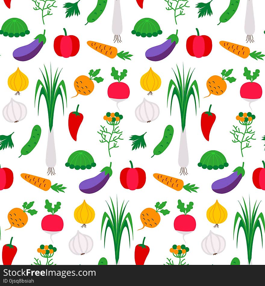 Pattern flat with vegetables. Vector illustration of food products on white.