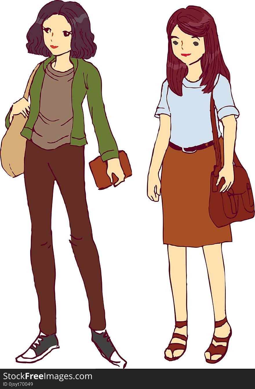 Two Young Girl Tomboy and Feminine Vector Illustration for many purpose such as print on note book, paper, stationery, etc.