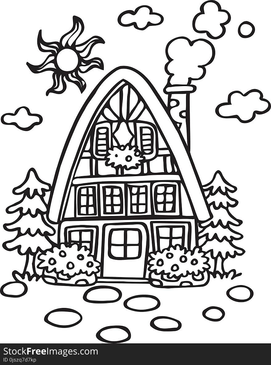 House at the Village Line Art Coloring Book Illustration and other print purpose sticker, poster, etc. EPS 10 format file.