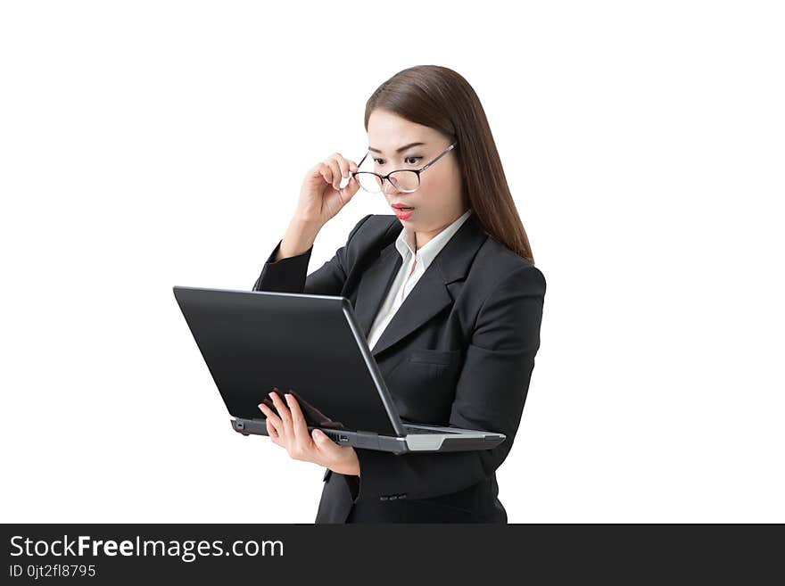 Frightened and stressed young business woman Hand holding glass