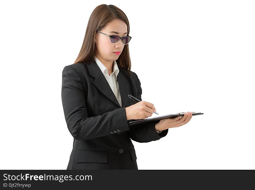 Business woman write on clipboard isolated on white background with clipping path