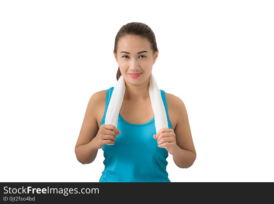 Fitness woman portrait isolated on white background. Smiling happy female fitness model looking at camera. Fresh beautiful Asian fitness girl. isolated on white background with clipping path