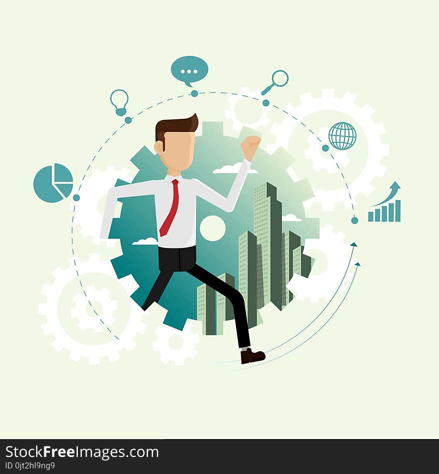 Businessman running inside gear wheel and icon set business for