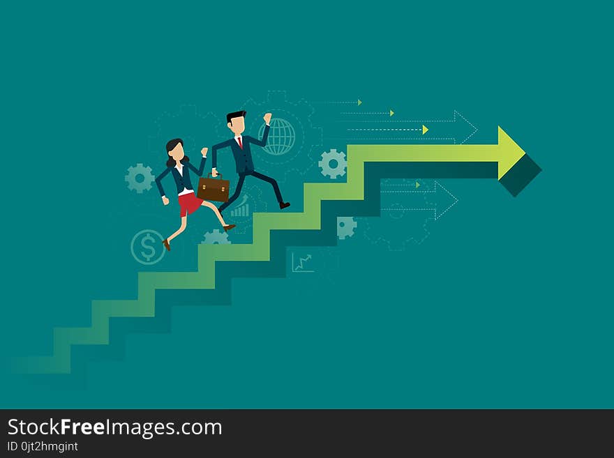 Business people run on up the stairs path to goal. Vector illustration