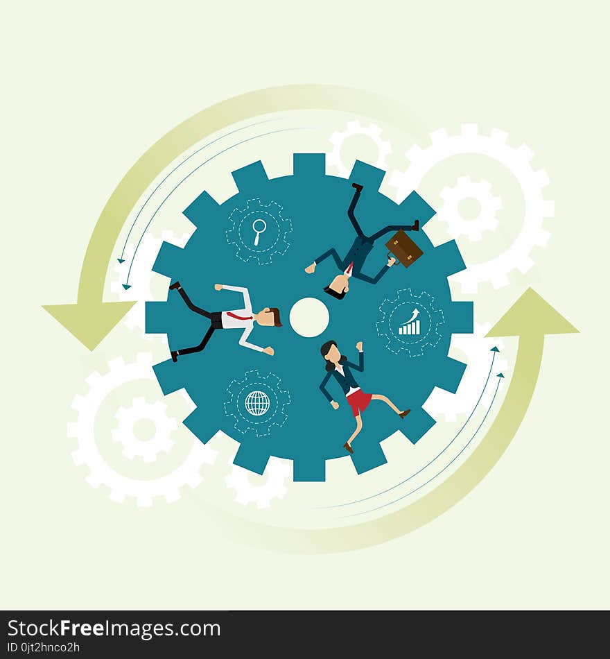 Three business people running inside gear wheel is teamwork to successfu. concept Vector illustration