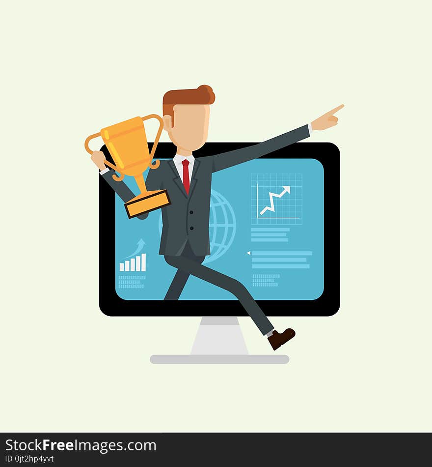 Businessman Holding Award Running Inside Computer For Successful