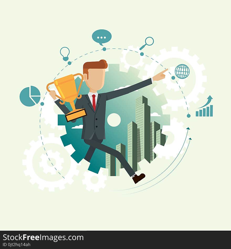 Businessman holding award running inside gear wheel and icon set business for successful. concepts vector illustration