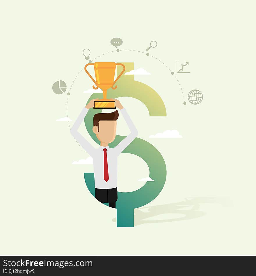 Businessman holding award in dollar and icon set business for successful concepts. Vector illustration