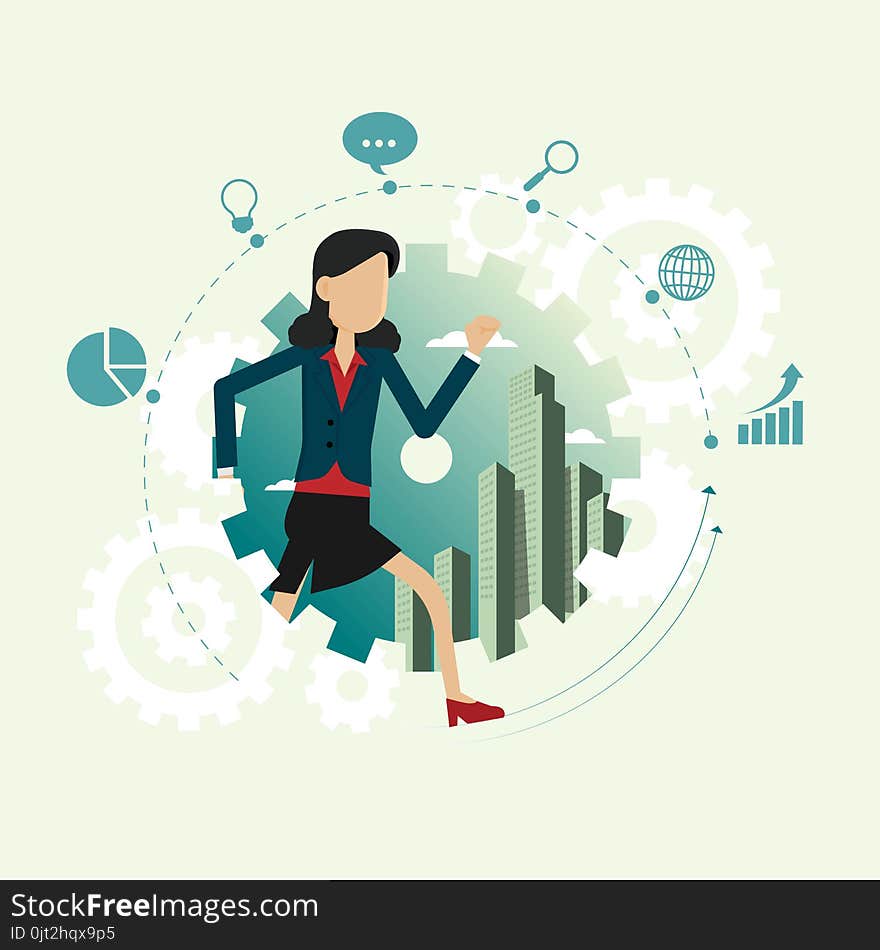 Businesswoman running inside gear wheel and icon set business for opportunities. concepts vector illustration