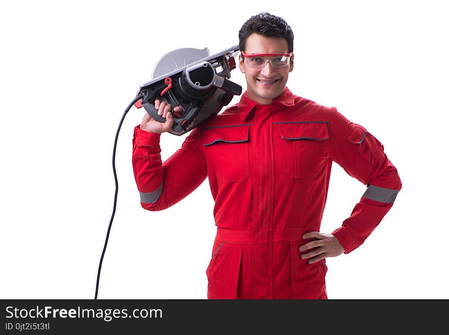 Male carpenter with circular saw in woodworking concept isolated