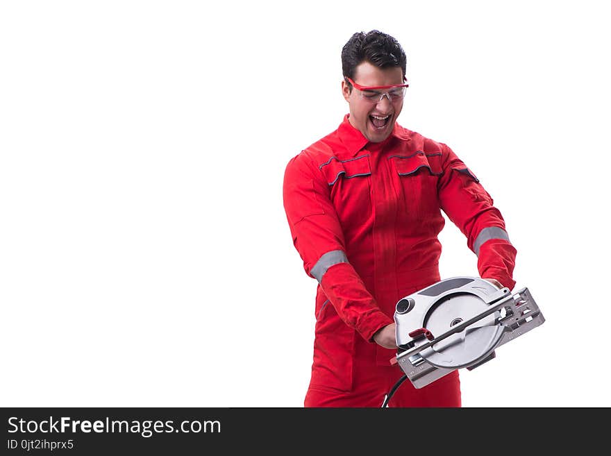 Male carpenter with circular saw in woodworking concept isolated