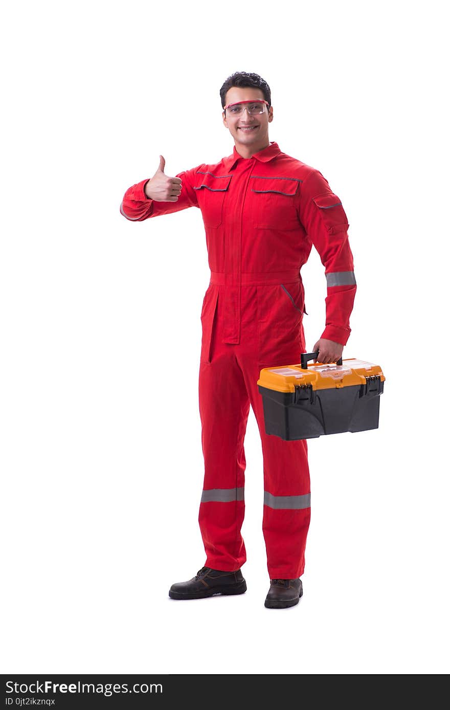 Contractor worker in red coveralls with toolbox isolated on whit