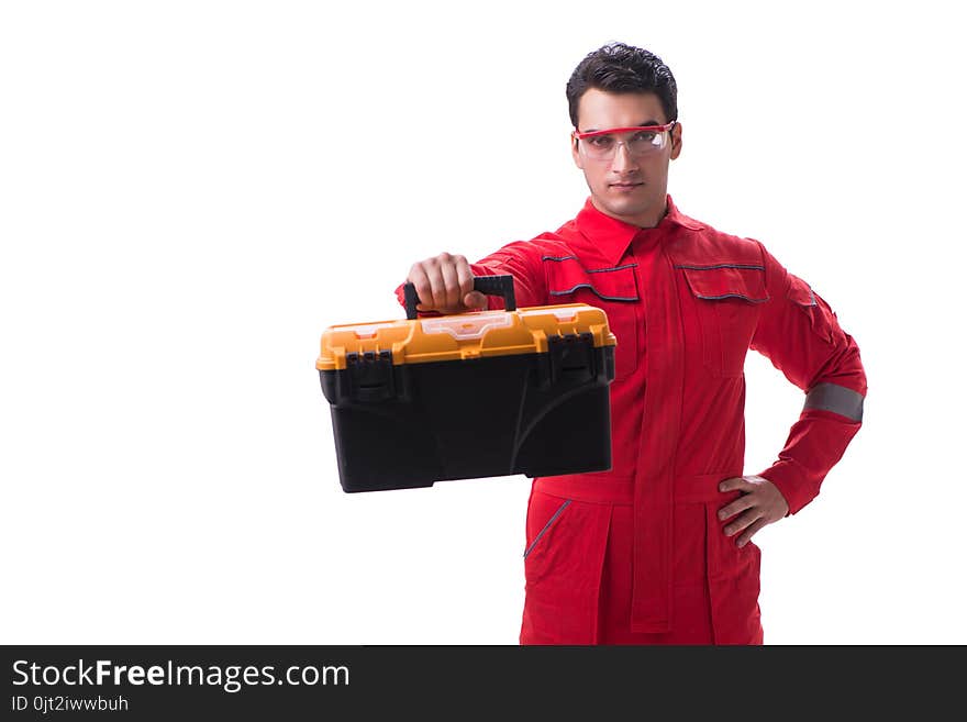 Contractor worker in red coveralls with toolbox isolated on white