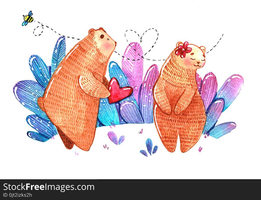 Watercolor pair of bears , bear gift heart for other bear in violet herb , with bee in love