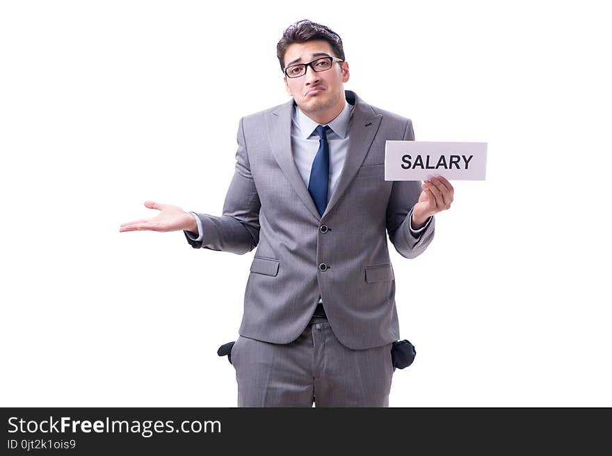 Businessman asking for salary increase isolated on white background