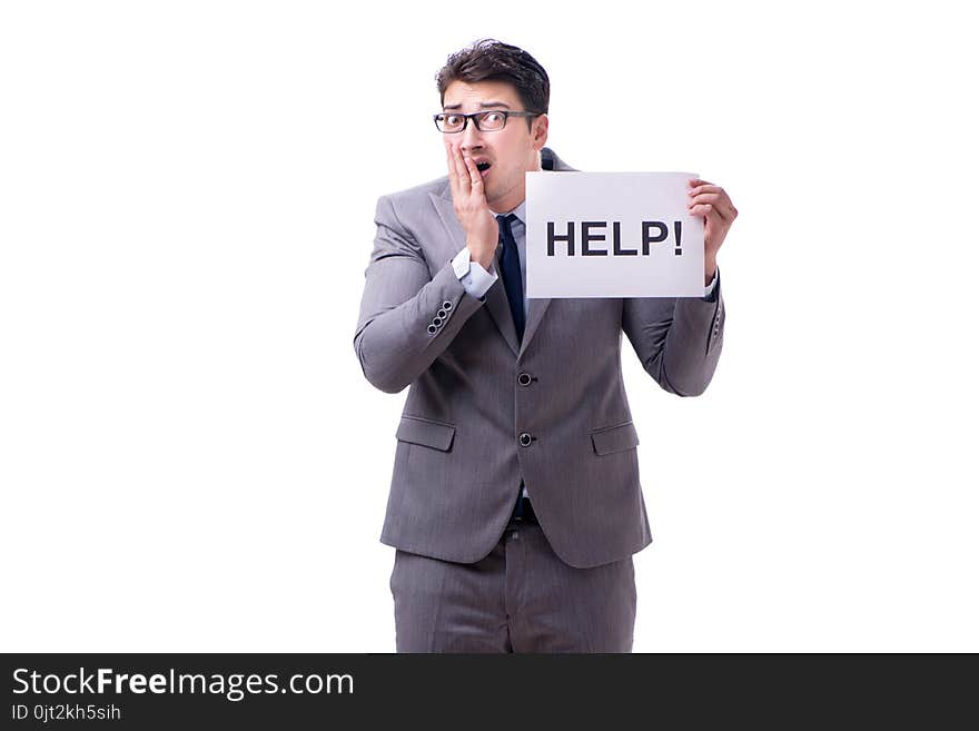 The businessman asking for help isolated on white background