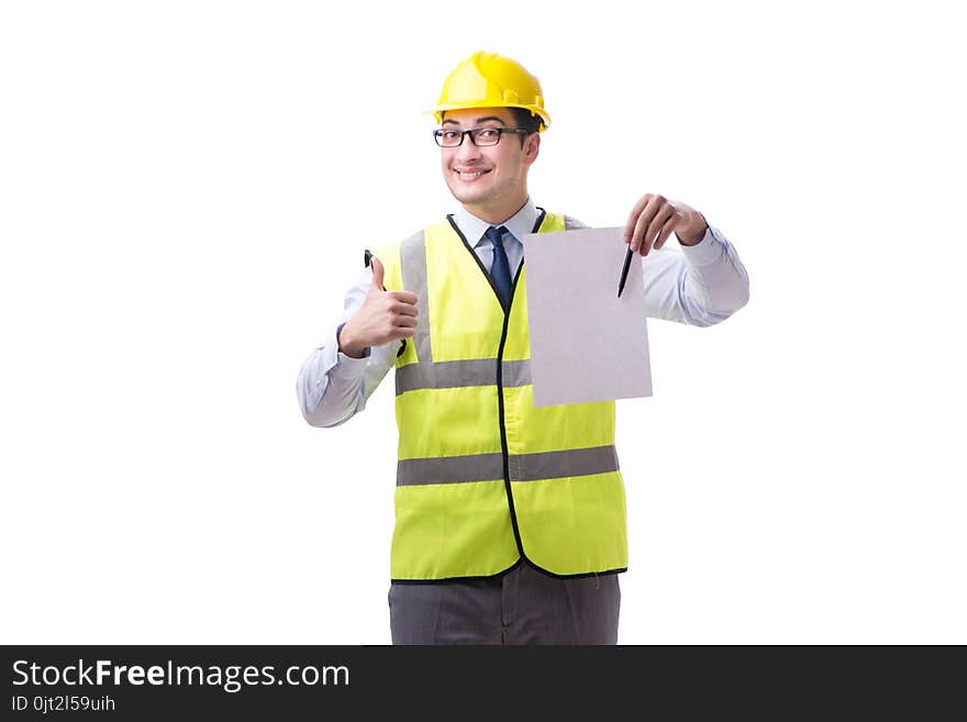 Construction Supervisor With Blank Sheet Isolated On White Backg