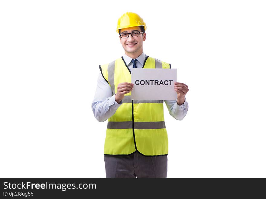 Construction supervisor with contract isolated on white backgrou