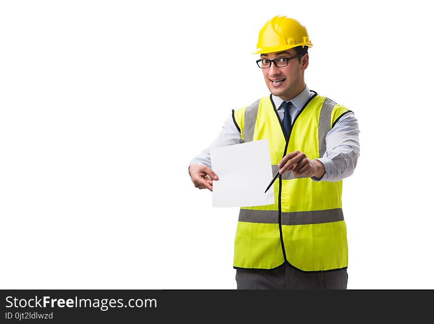 Construction supervisor with blank sheet isolated on white background