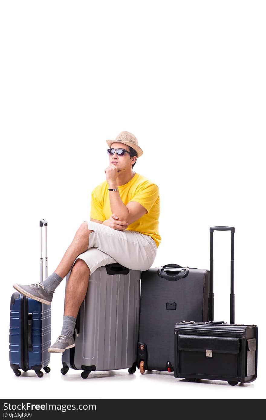 The happy young man going on summer vacation isolated on white