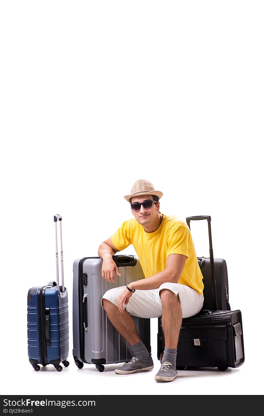 The happy young man going on summer vacation isolated on white