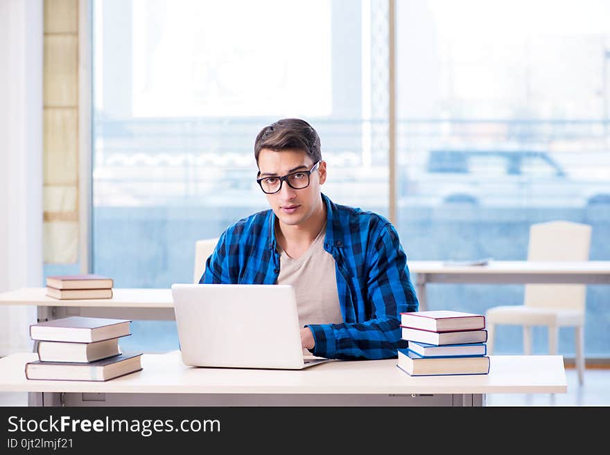 Student in telelearning distance learning concept reading in library