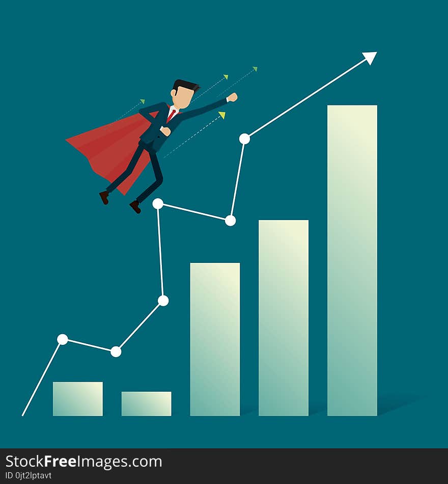 Businessman hero flying fast path to goal. vector illustration