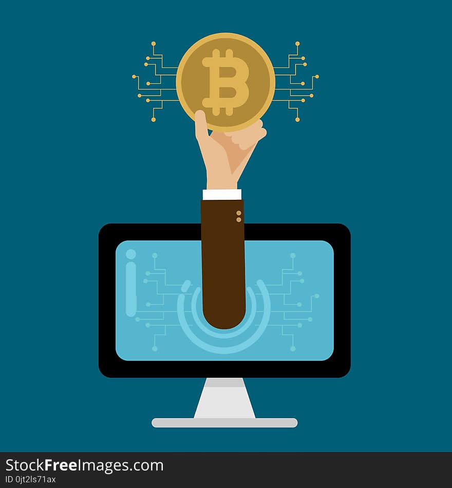 Businessman hand holding bitcoin inside computer. concepts vector illustration