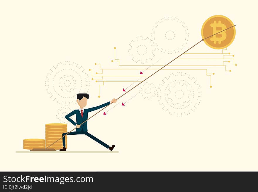 Businessman pull bitcoin background digital and gear. concepts vector illustration