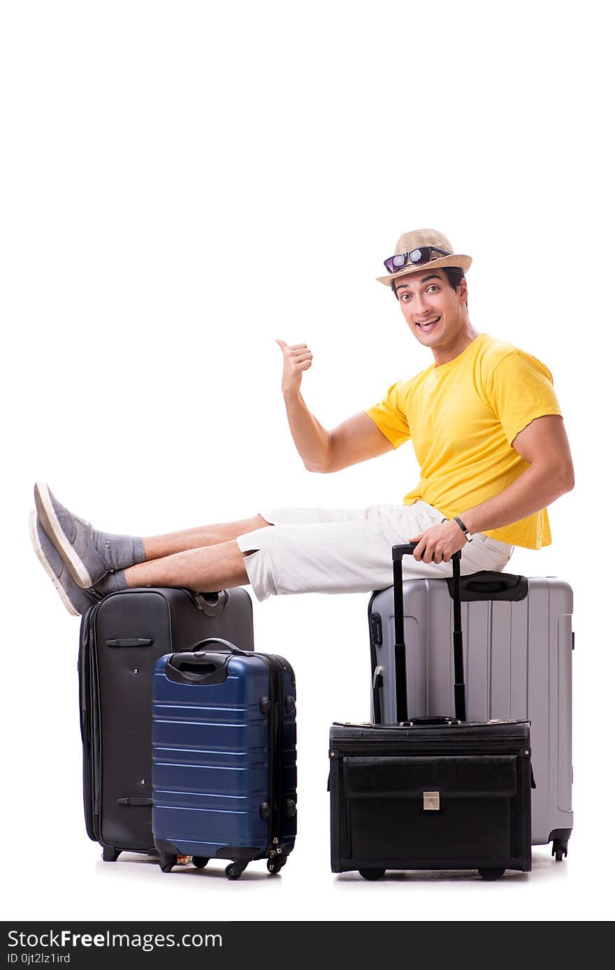 The happy young man going on summer vacation isolated on white