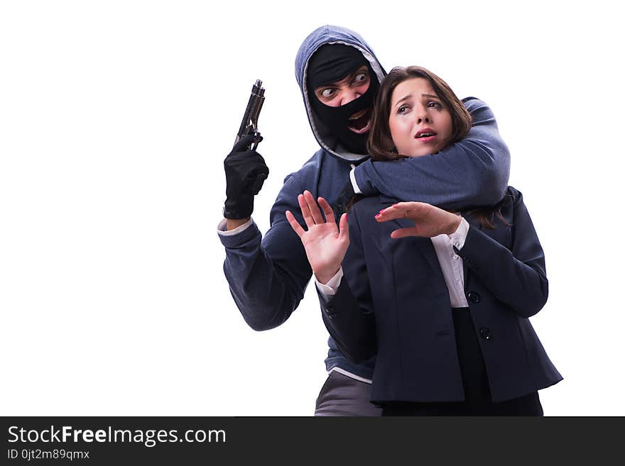 The businesswoman is kidnapped by the gunman