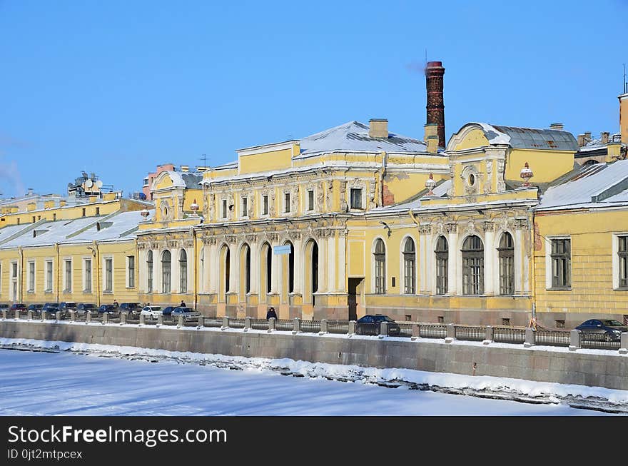 Saint Petersburg, embankment of the Fontanka river in winter. House, 10. Salt town, 19 century. Russia