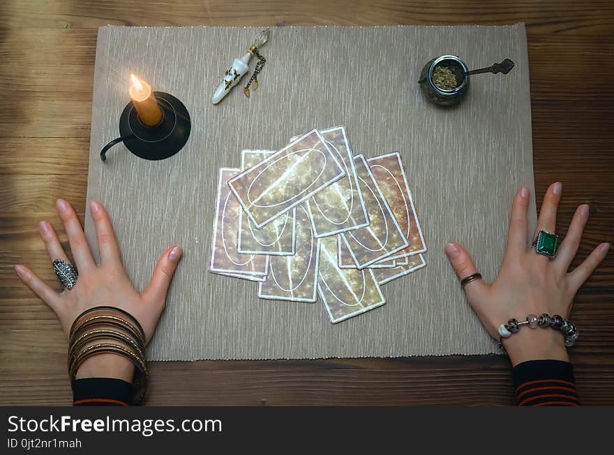 Tarot cards on fortune teller desk table. Future reading. Tarot cards on fortune teller desk table. Future reading.