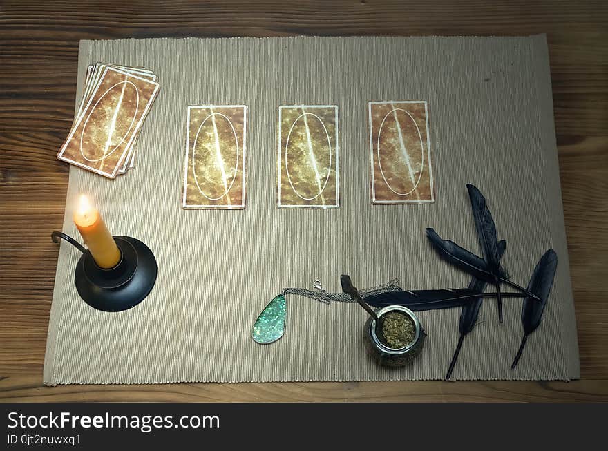 Tarot cards on fortune teller desk table. Future reading. Tarot cards on fortune teller desk table. Future reading.