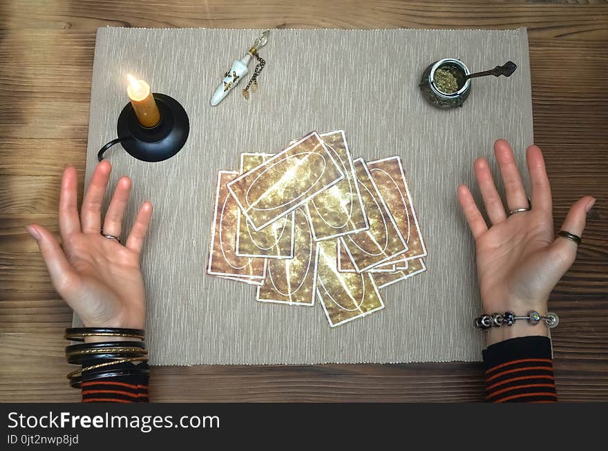 Tarot cards on fortune teller desk table. Future reading. Tarot cards on fortune teller desk table. Future reading.