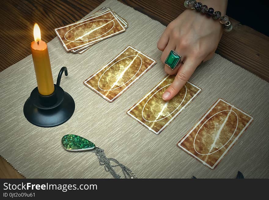 Tarot cards on fortune teller desk table. Future reading. Tarot cards on fortune teller desk table. Future reading.