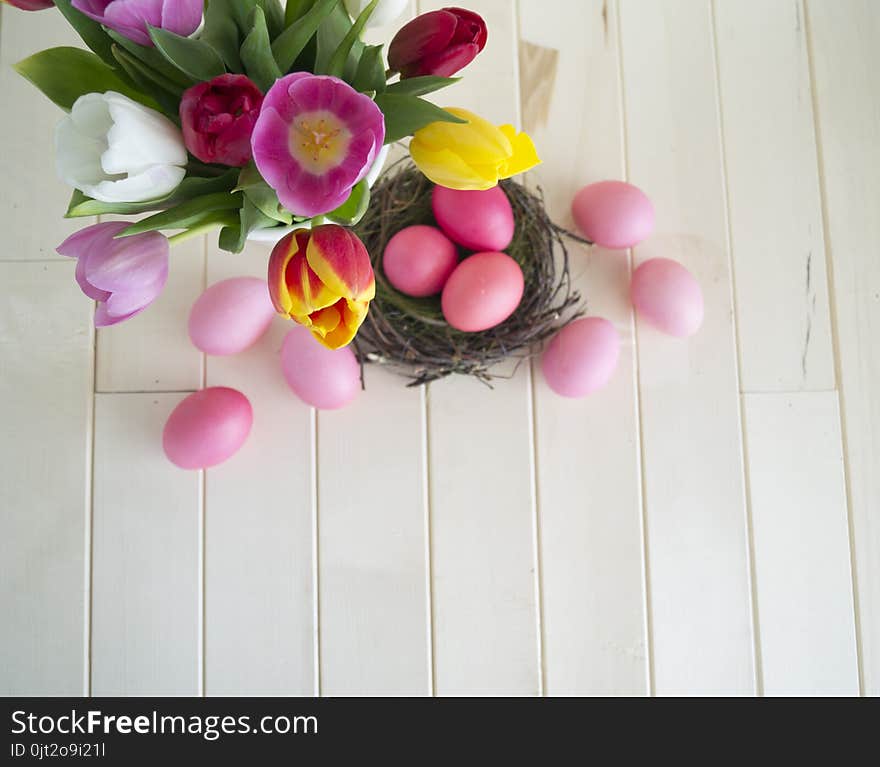 Easter. Pink easter eggs and tulips lie on a wooden background. Flat lay. Bird`s Nest. March 8. Pastel shades of pink. Wooden background. Conceptual photo. St. Patrick`s Day. Easter pink rabbit.