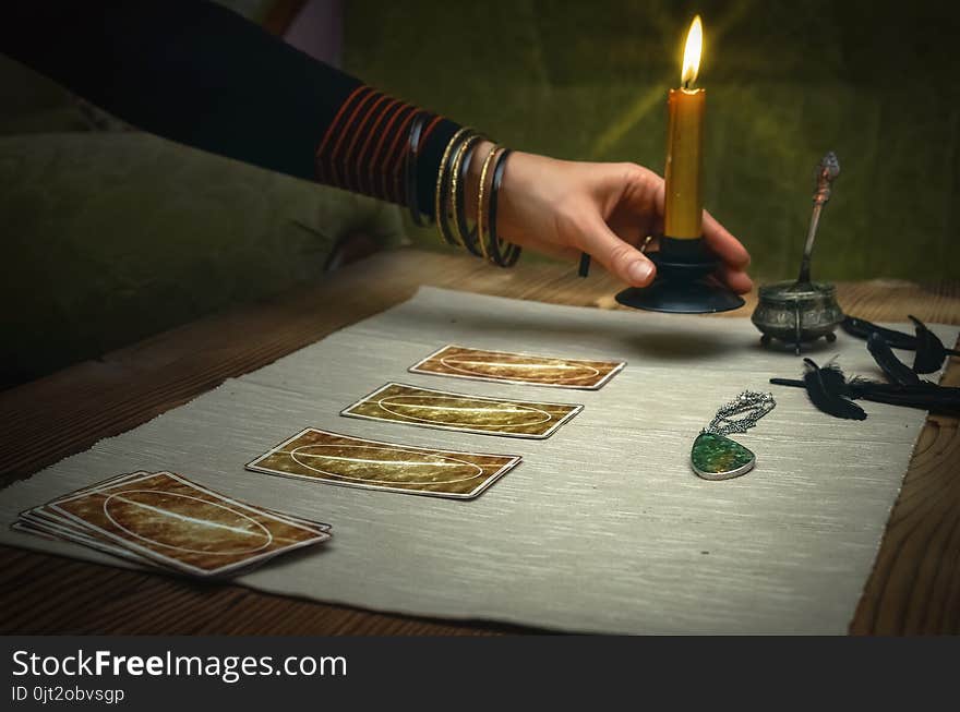 Tarot cards on fortune teller desk table. Future reading. Tarot cards on fortune teller desk table. Future reading.