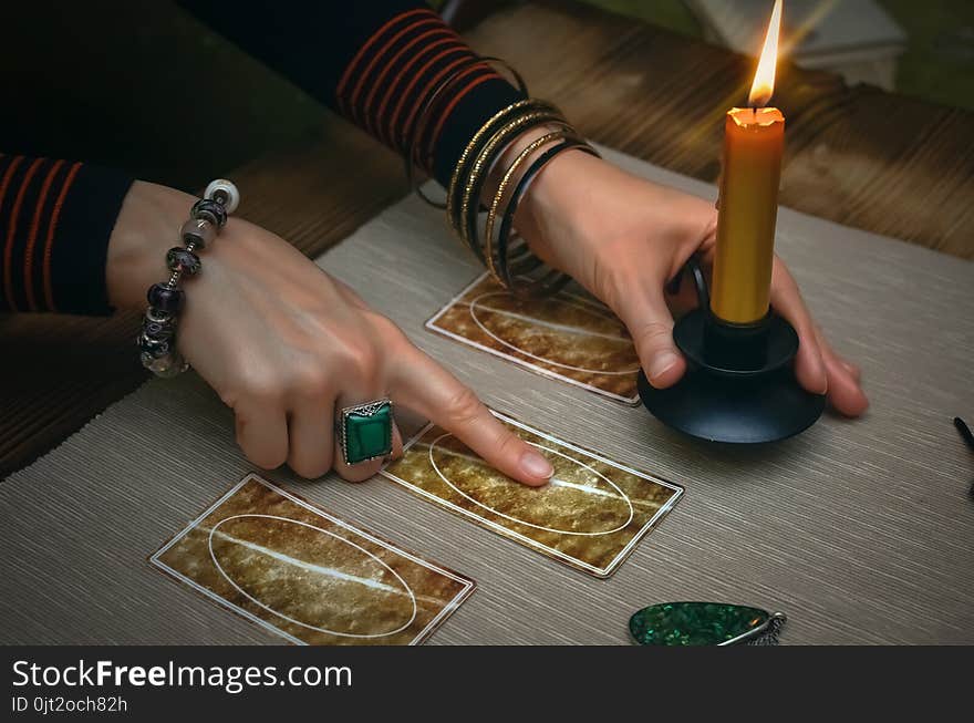 Tarot cards on fortune teller desk table. Future reading. Tarot cards on fortune teller desk table. Future reading.