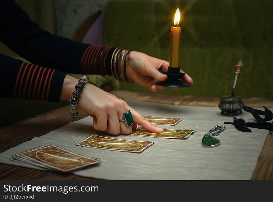 Tarot cards on fortune teller desk table. Future reading. Tarot cards on fortune teller desk table. Future reading.