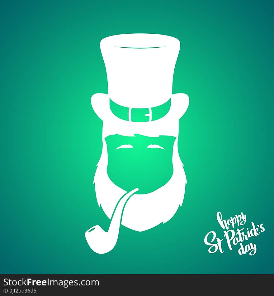 Portrait of silhouette Leprechaun with smoking pipe. Happy St. Patrick`s Day. Vector illustration.