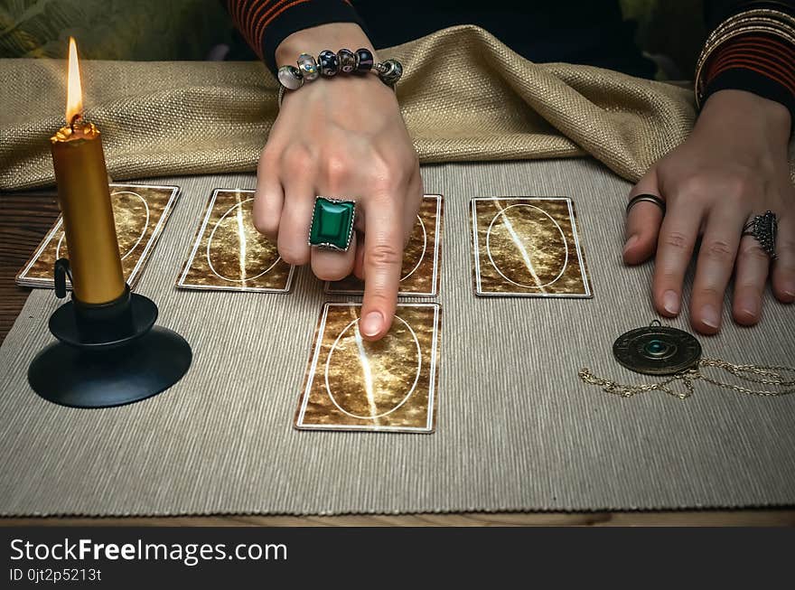 Tarot cards on fortune teller desk table. Future reading. Tarot cards on fortune teller desk table. Future reading.