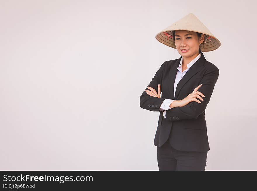 businesswoman wearing Vietnamese hat, woman