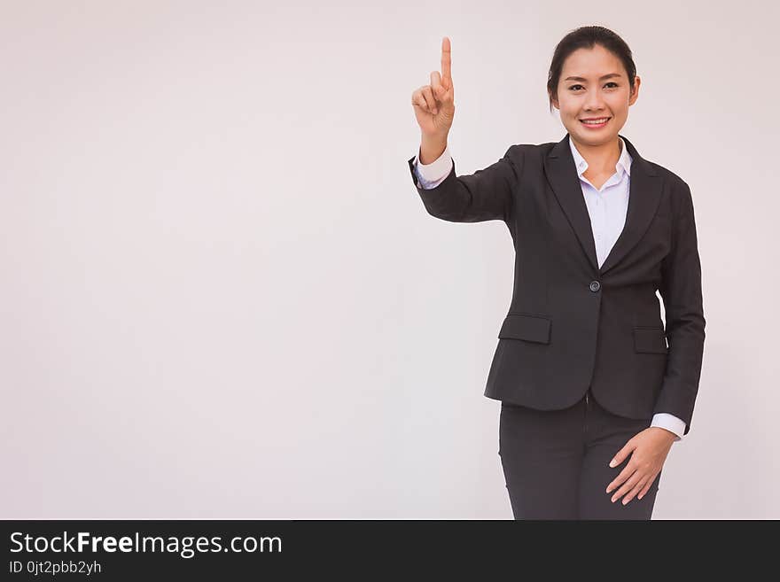 happy young businesswoman with hands up. woman