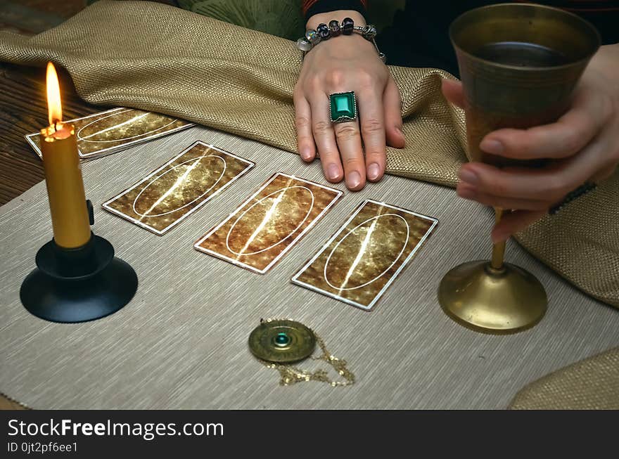 Tarot cards on fortune teller desk table. Future reading. Tarot cards on fortune teller desk table. Future reading.