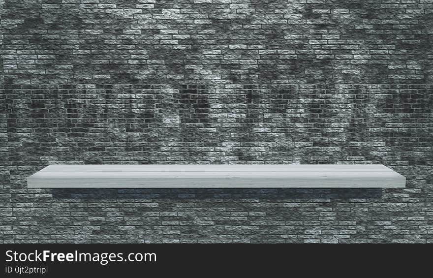 3D White Wooden Shelf On A Grunge Brick Wall