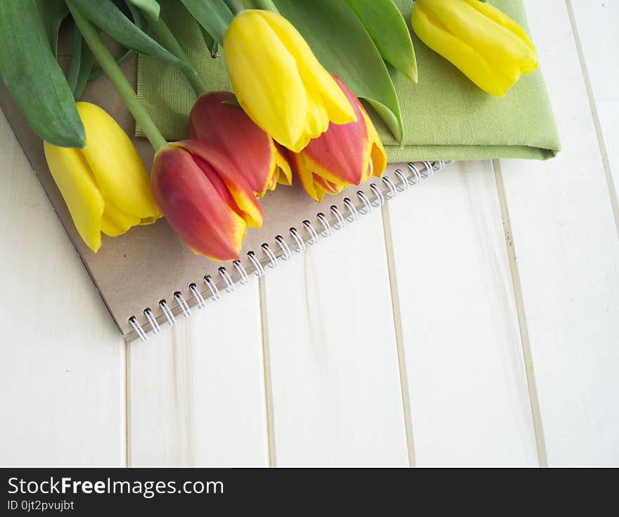 Tulips are yellow and orange. Wooden background. Spring flowers. Mother`s day and a holiday on March 8. View from above. Bouquet of tulips.